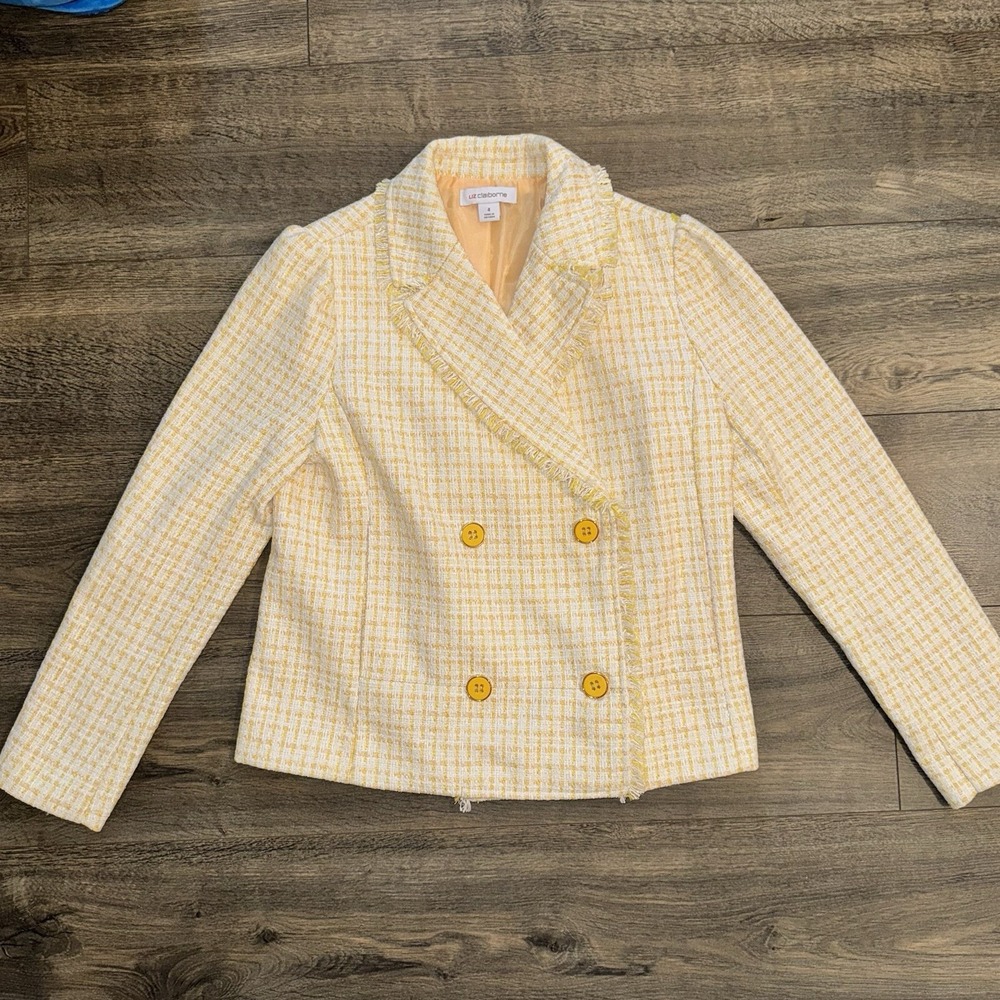 Liz Claiborne Tweed Coat Jacket Woman's Sz 4(M) Yellow Work Career Blazer Preppy